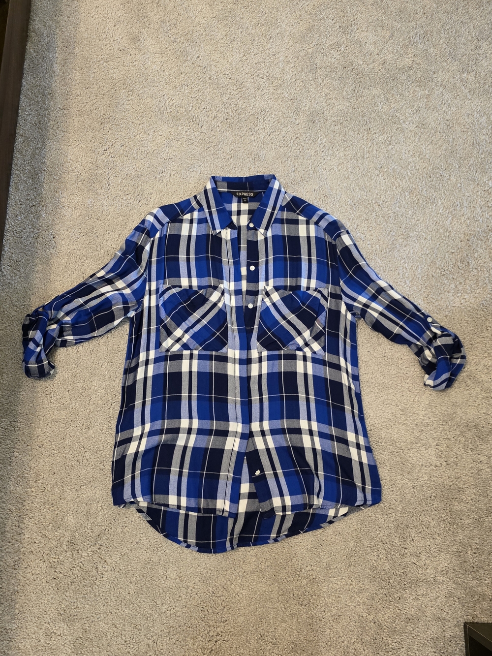 Express Blue and White Plaid Button-Down Shirt